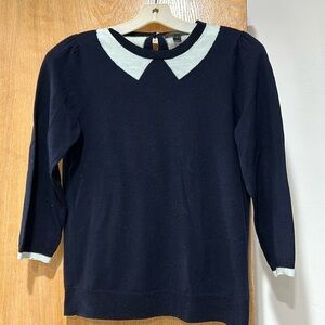 J Crew 100%merino wool navy with light blue trim sweater